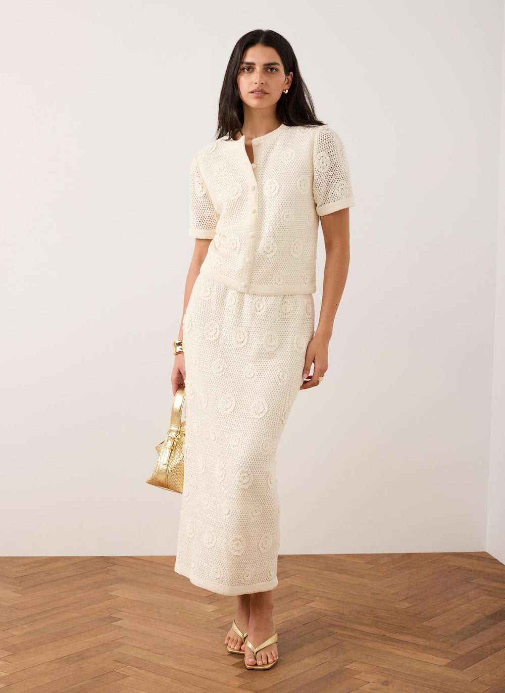 Neutral Sequin Floral Crochet Midi Skirt