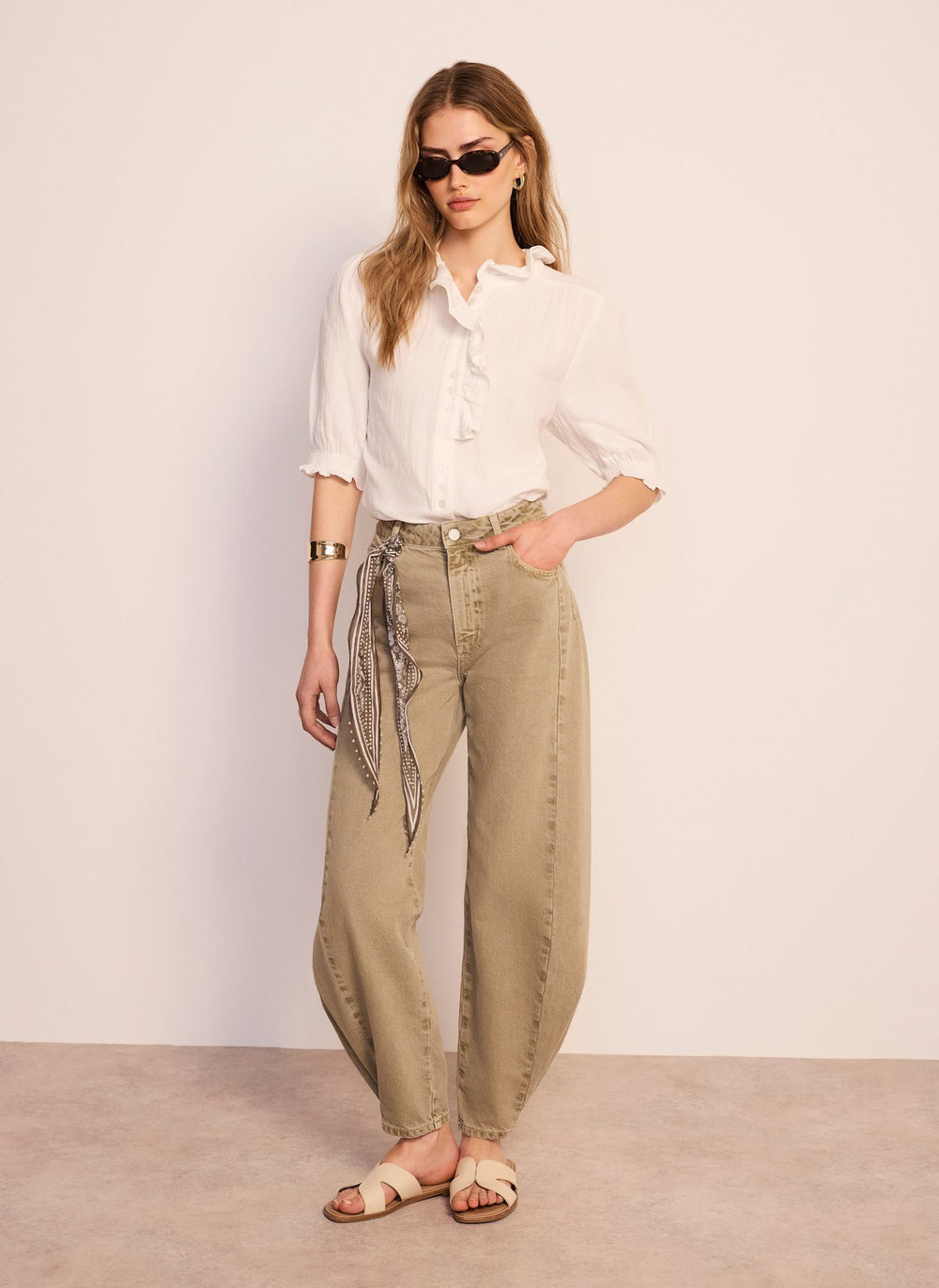 White Cotton Cheesecloth Ruffle Blouse