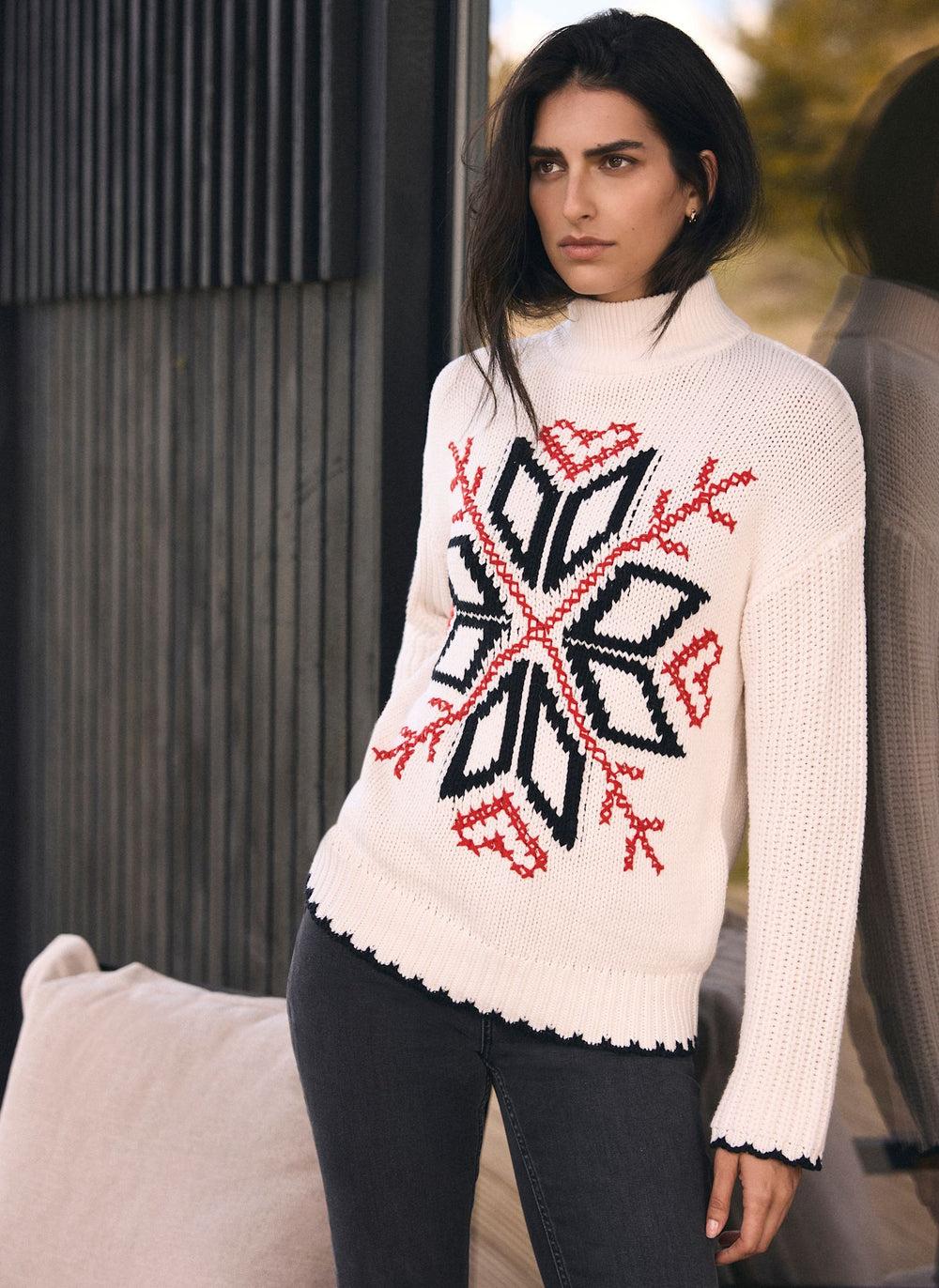White Snowflake Cotton Blend Knit Jumper