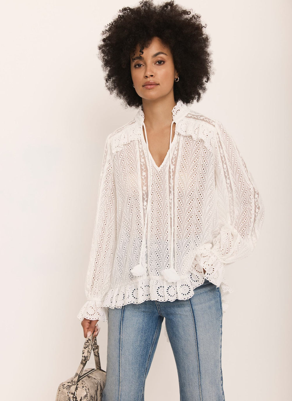 Cream Broderie Trim Longline Blouse