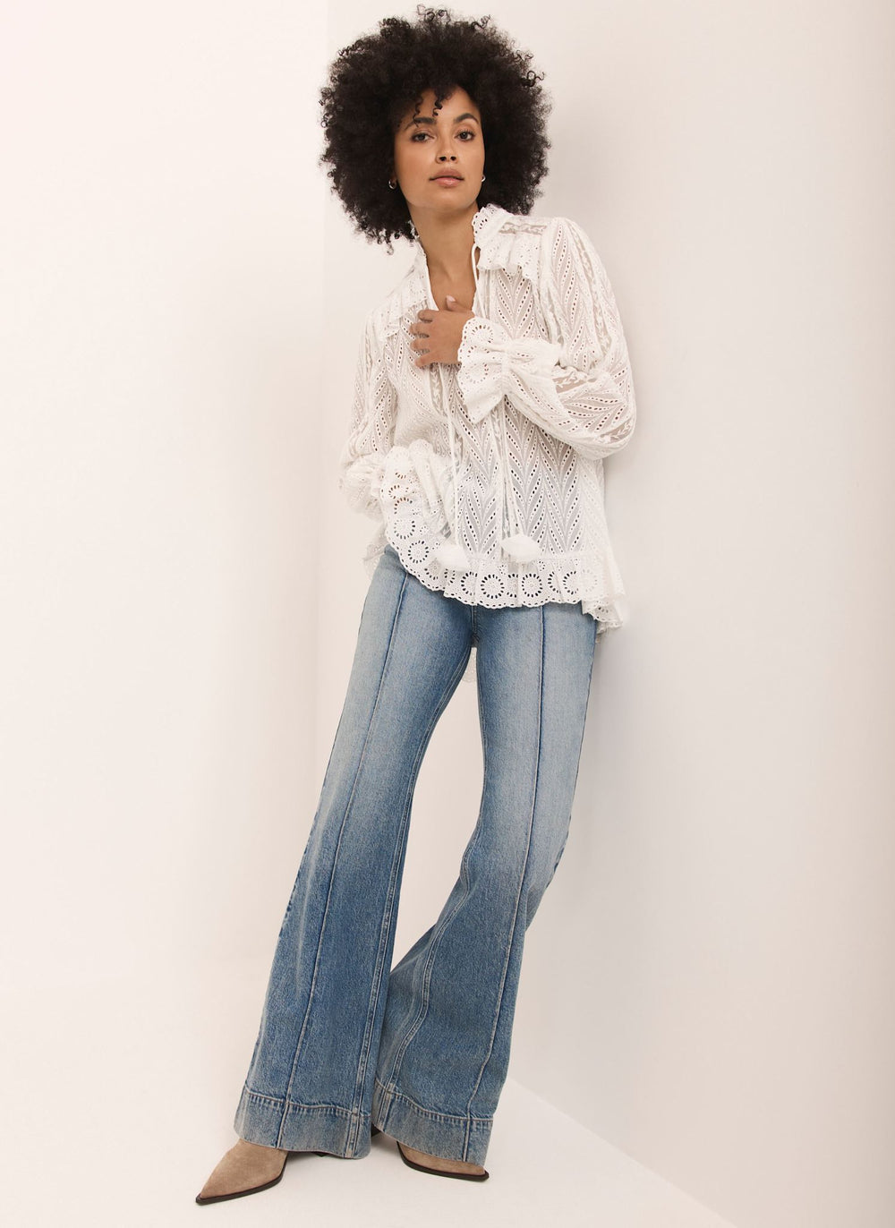 Cream Broderie Trim Longline Blouse