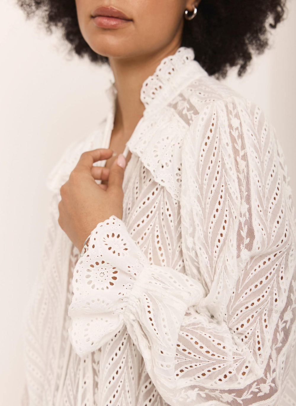 Cream Broderie Trim Longline Blouse