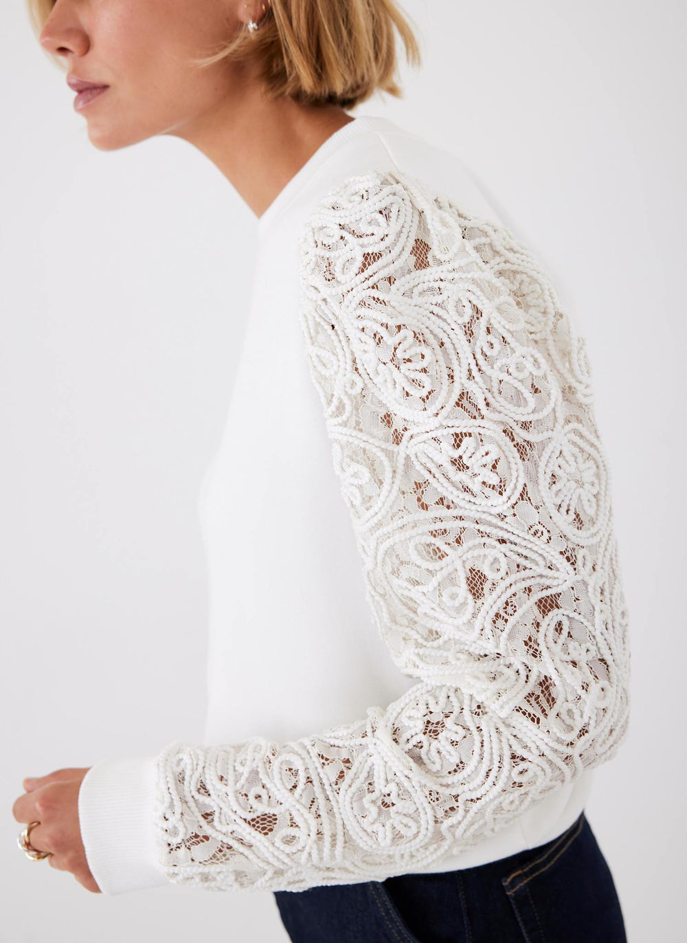 White Lace Sleeve Sweatshirt