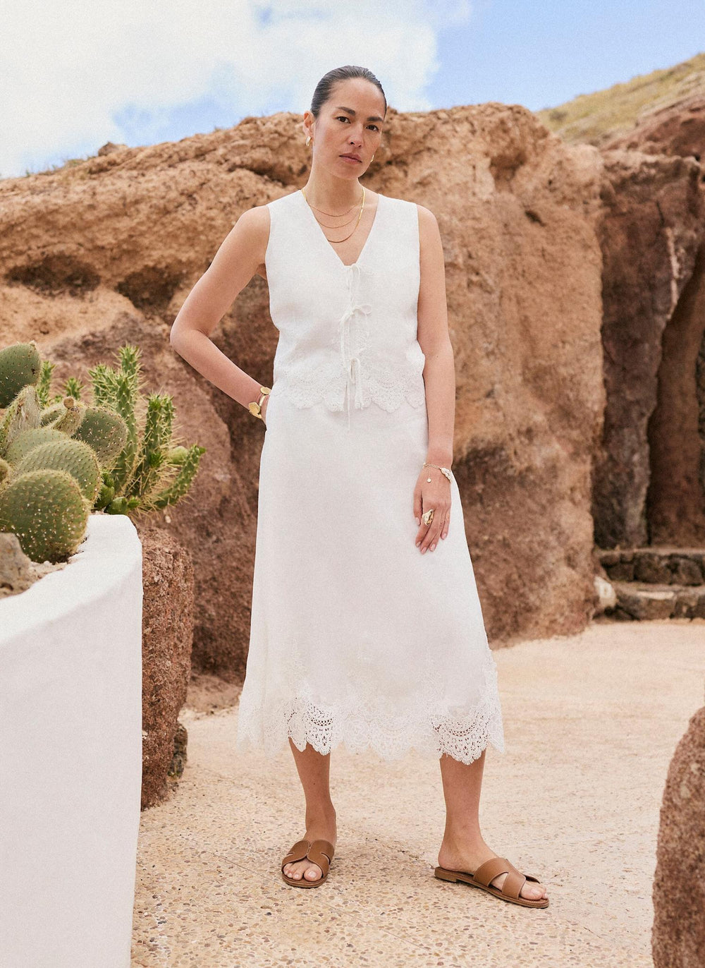White Ramie Lace Trim Midi Skirt