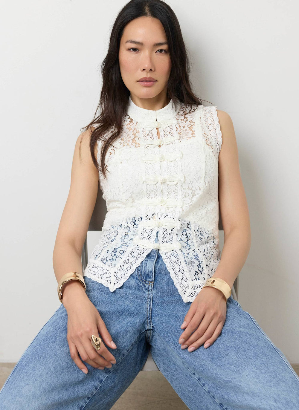 White Lace Detail Military Top