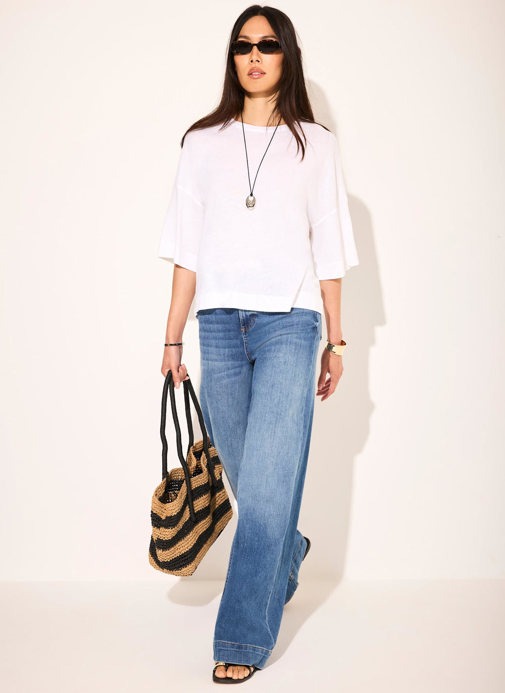 White Linen Blend Boxy T Shirt