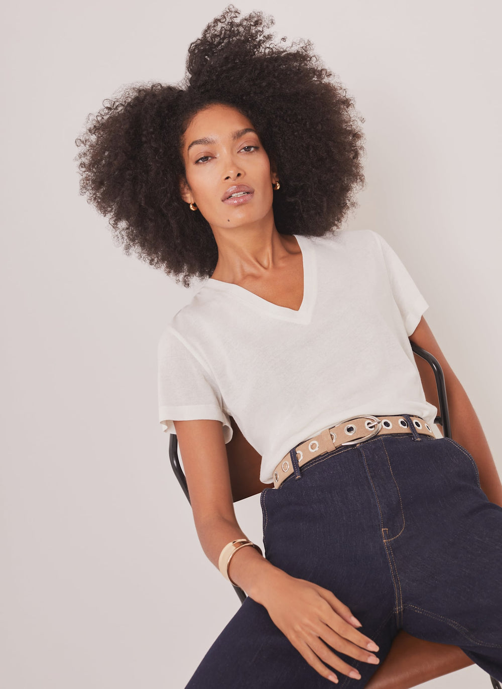 White Linen Blend V-Neck T-Shirt