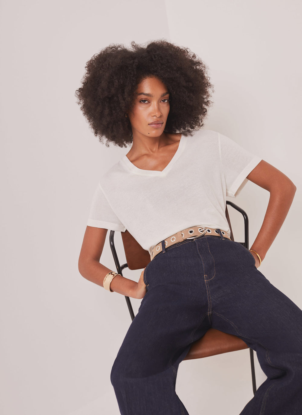 White Linen Blend V-Neck T-Shirt