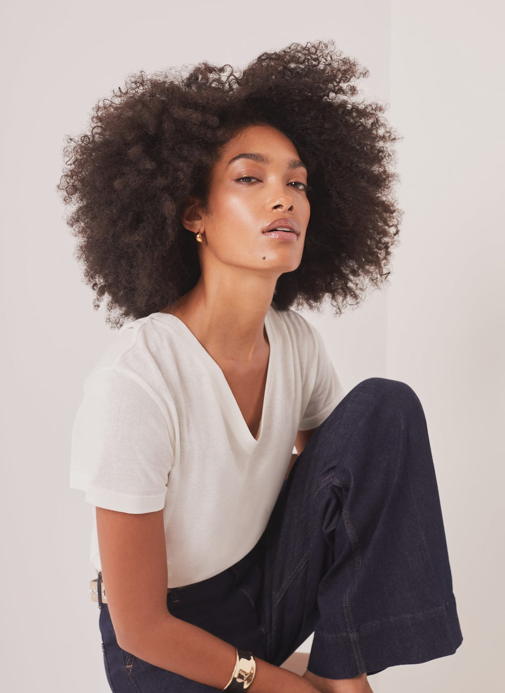 White Linen Blend V-Neck T-Shirt