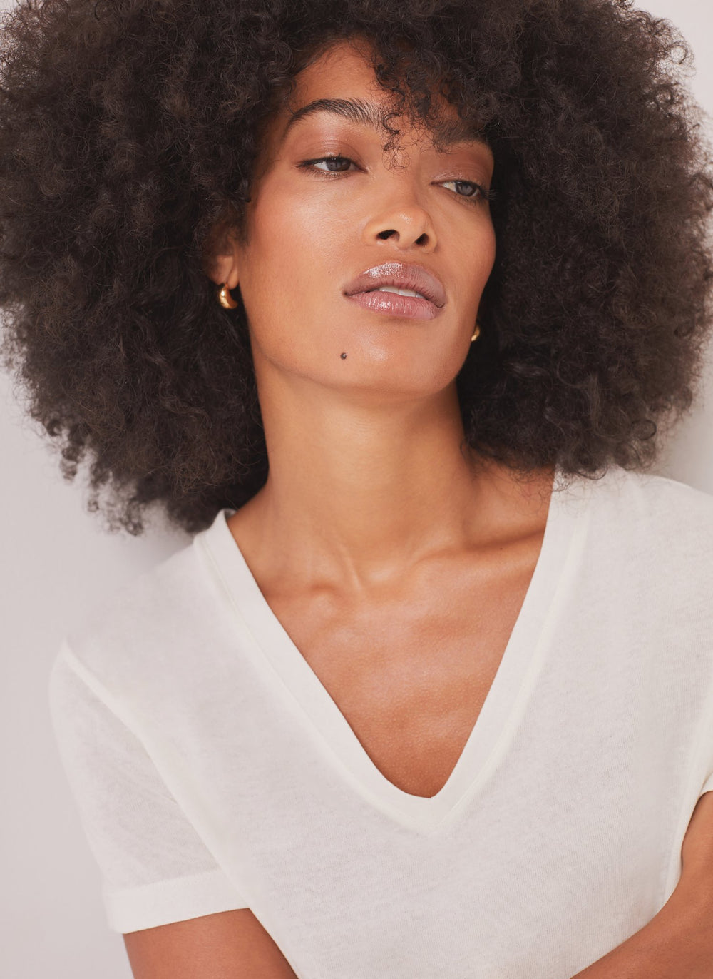 White Linen Blend V-Neck T-Shirt