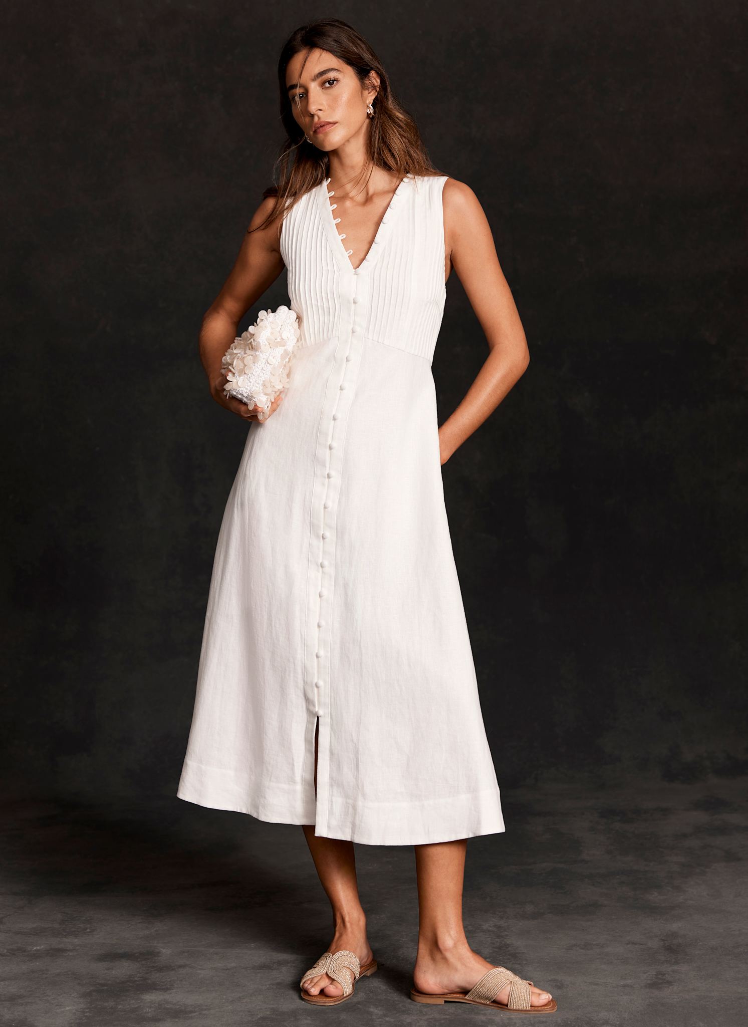 Aventine Midi Dress in Cream with Yellow Linen Blend