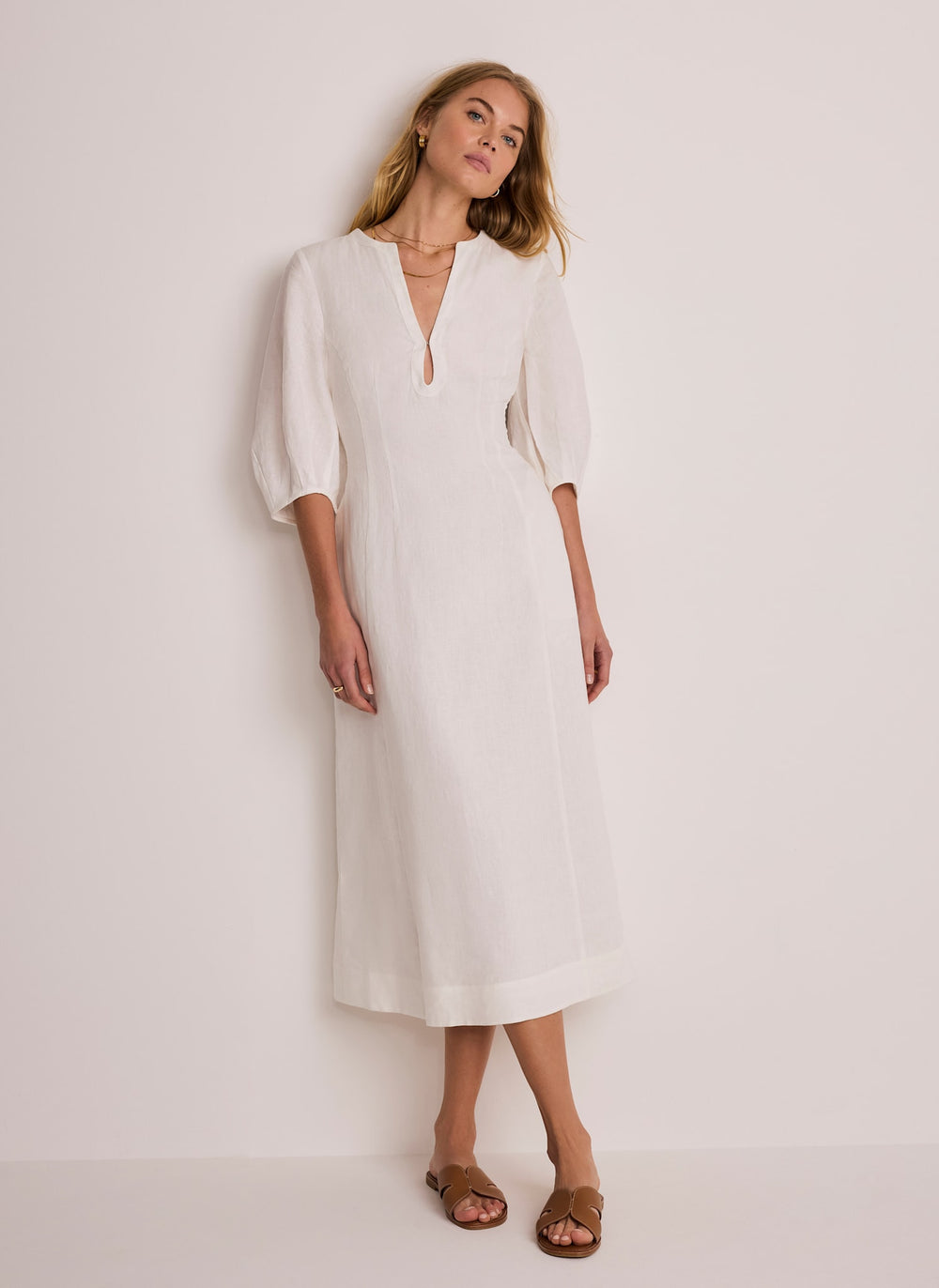 White Linen Puff Sleeve Midi Dress