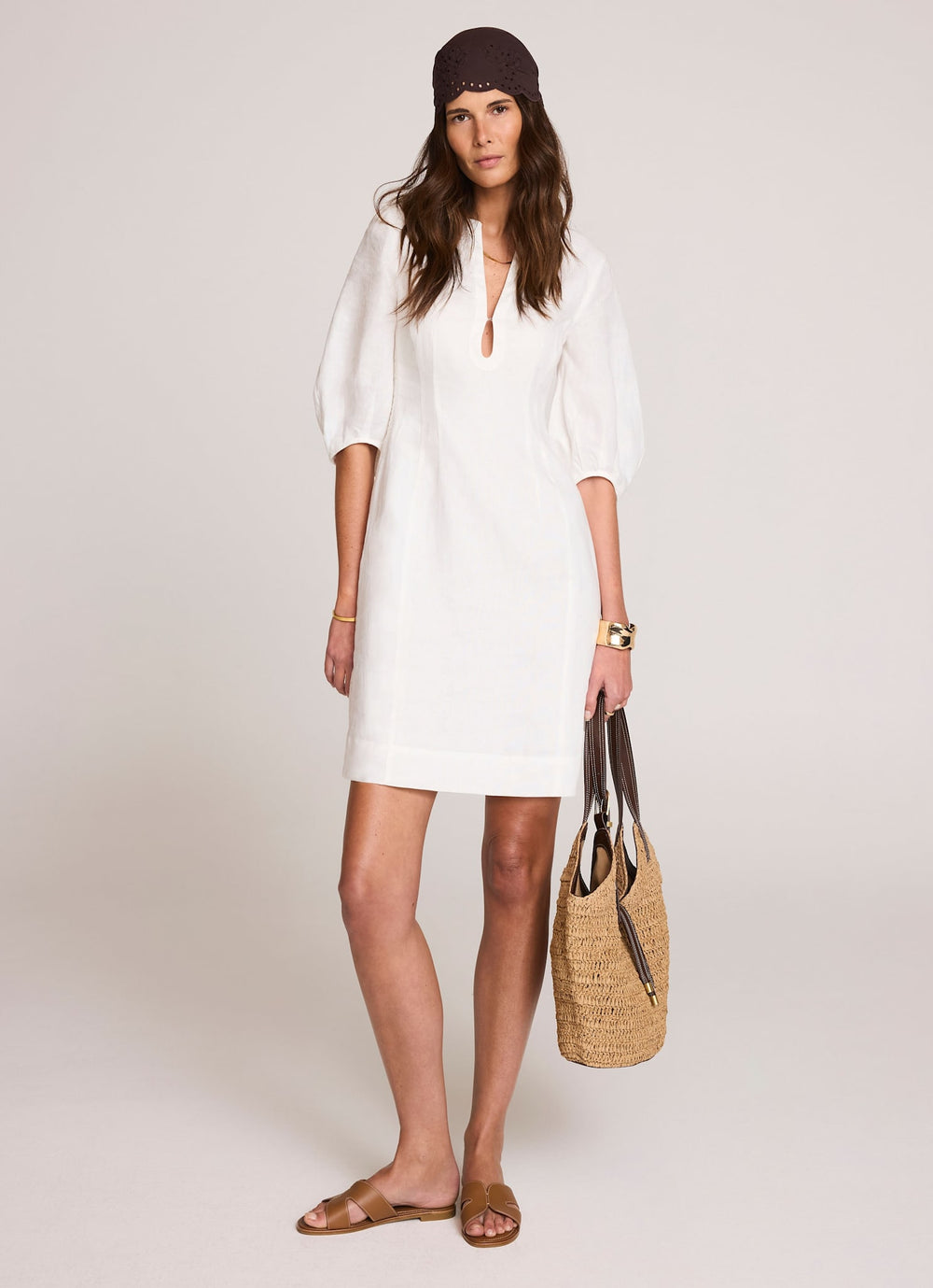 White Linen Puff Sleeve Mini Dress