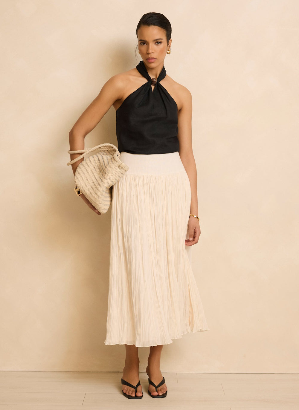 Cream Drop Waist Crinkle Midi Skirt