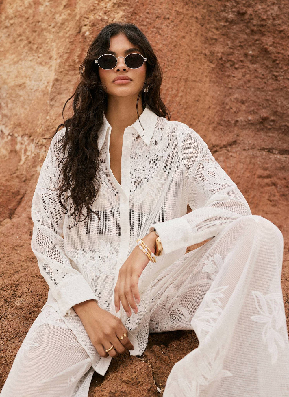 White Floral Detail Mesh Shirt