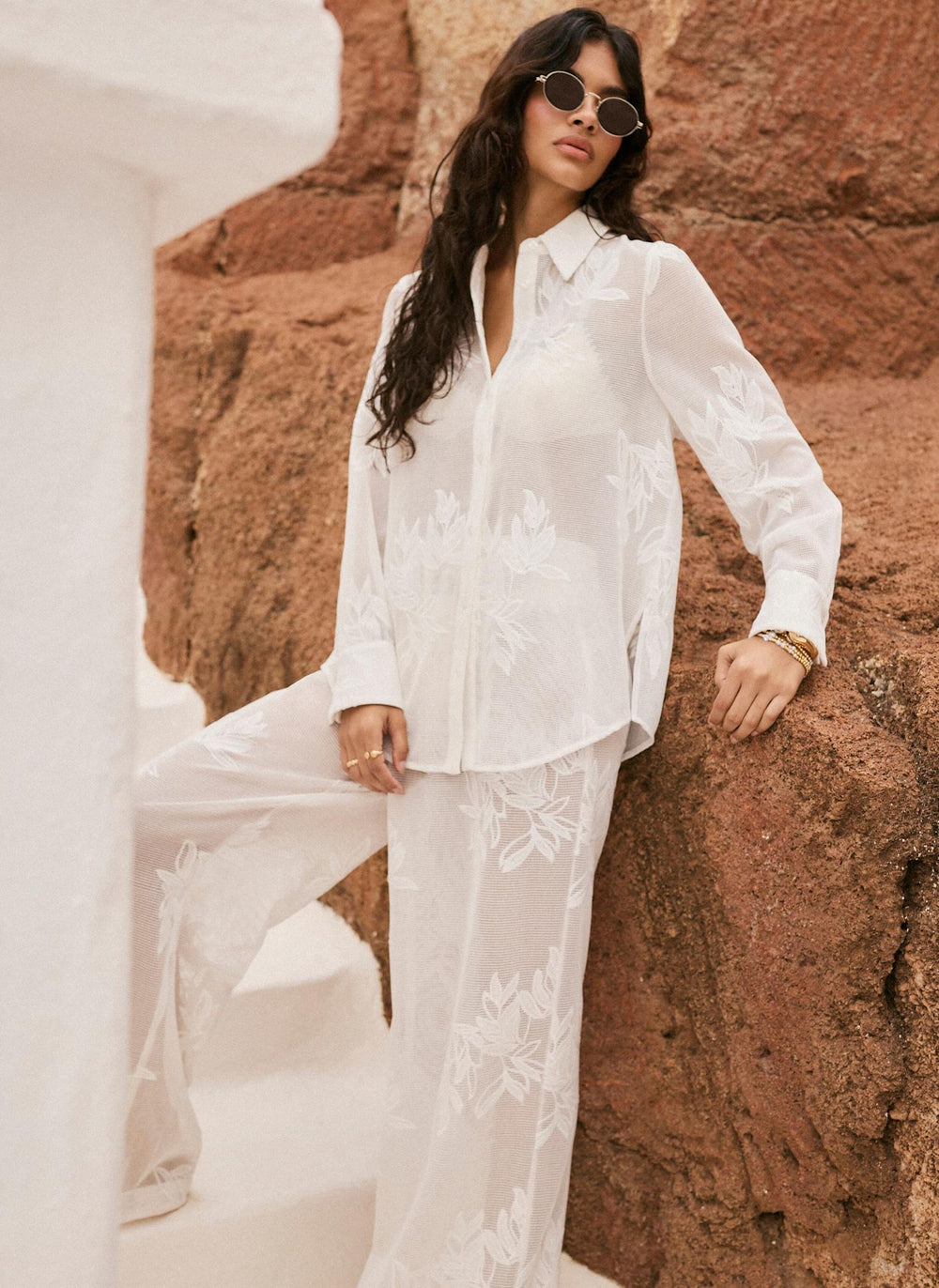 White Floral Detail Mesh Shirt