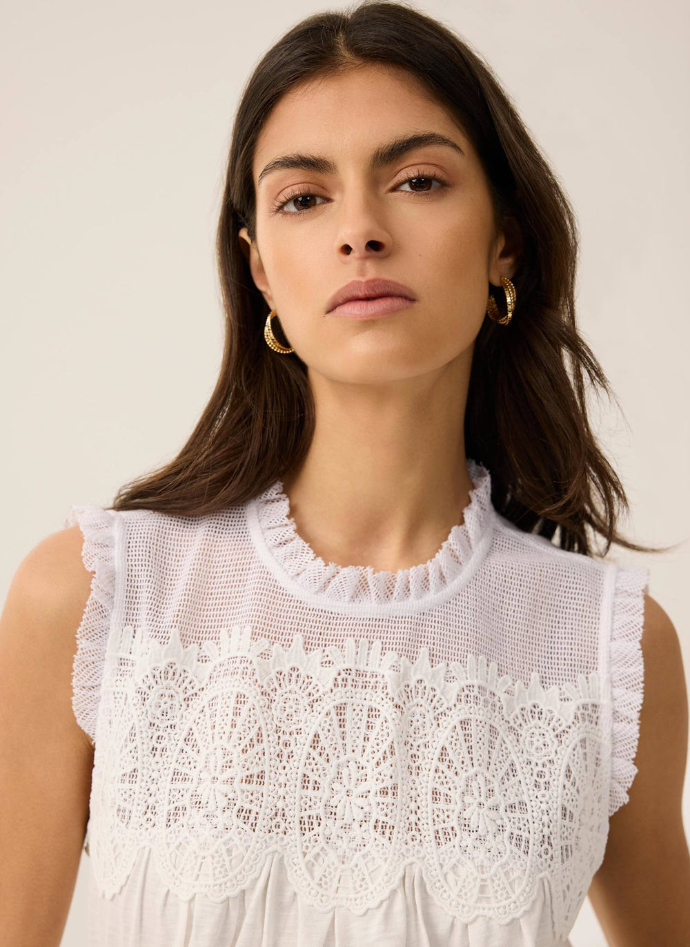 White Cotton Blend Lace Applique Top