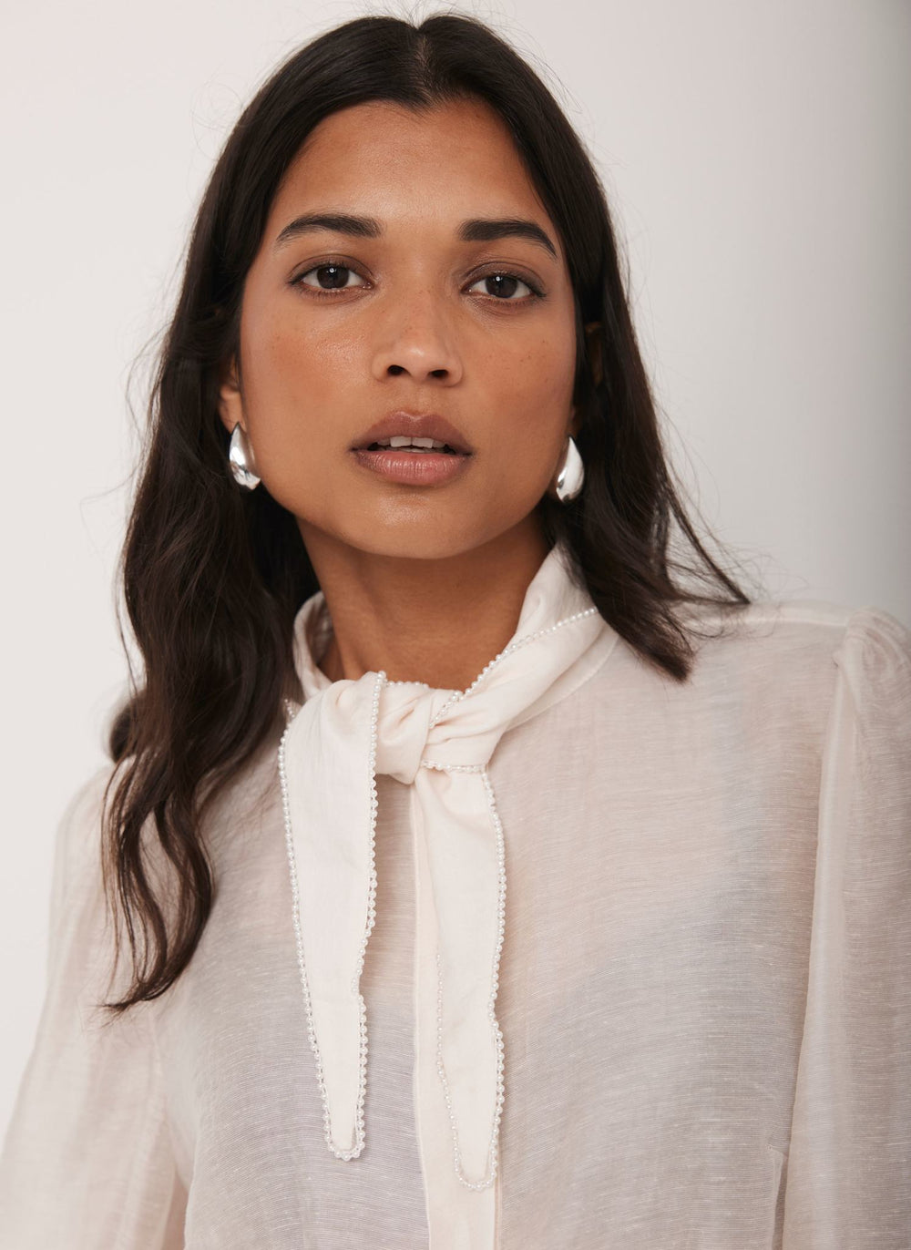 Cream Pearl Trim Tie Neck Blouse
