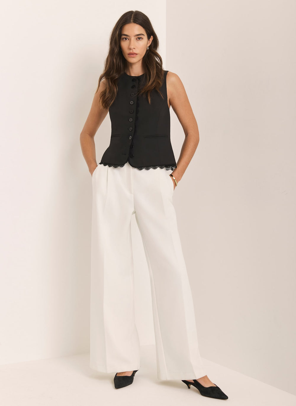 White Pleated Wide Leg Trousers