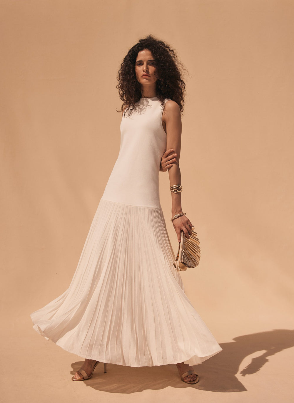 Cream Pleated Knit Maxi Dress