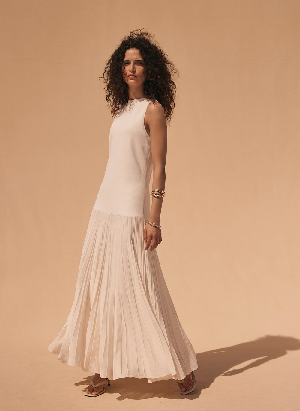 Cream Pleated Knit Maxi Dress