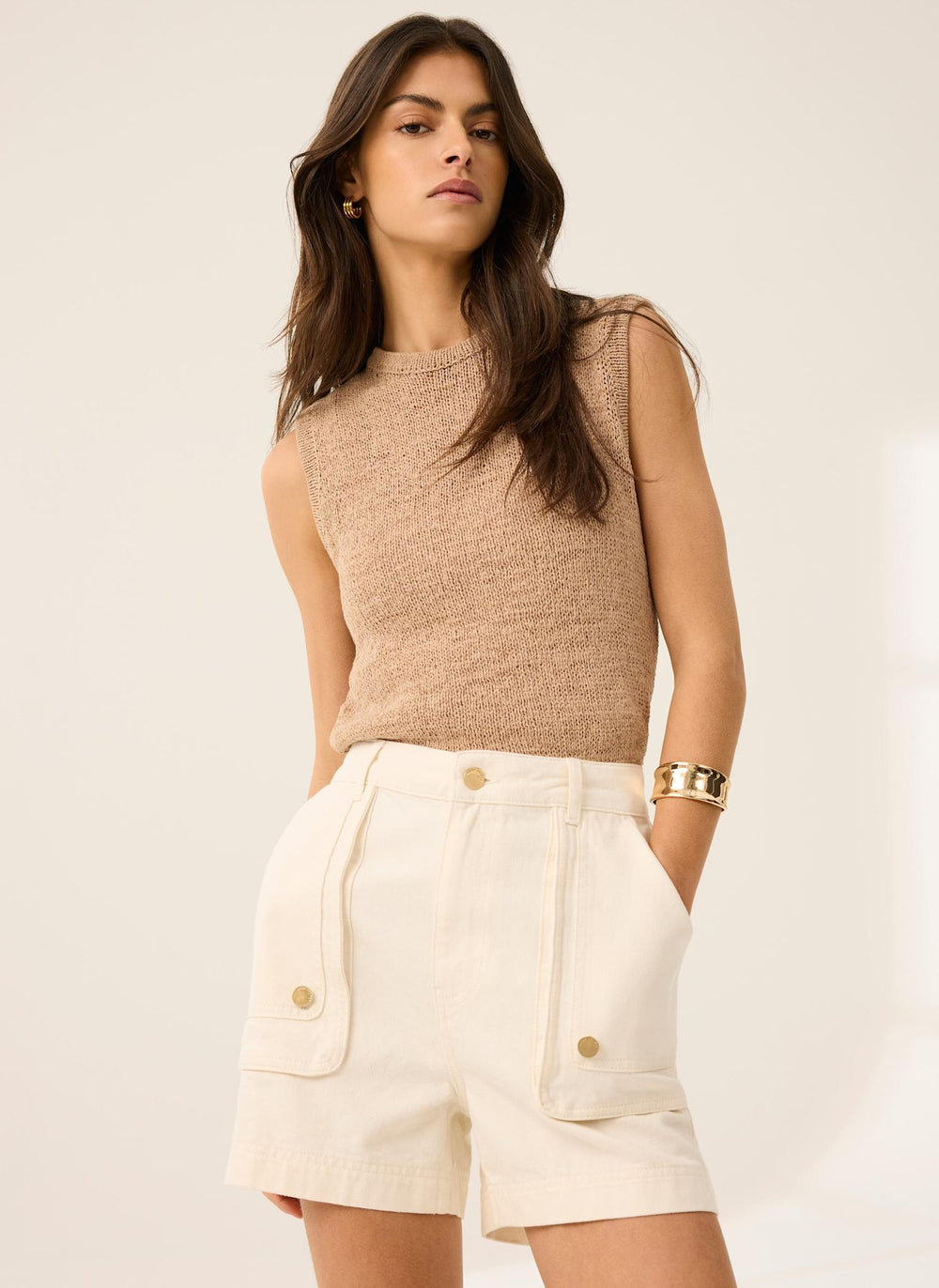 White Utility Pocket Detail Denim Shorts