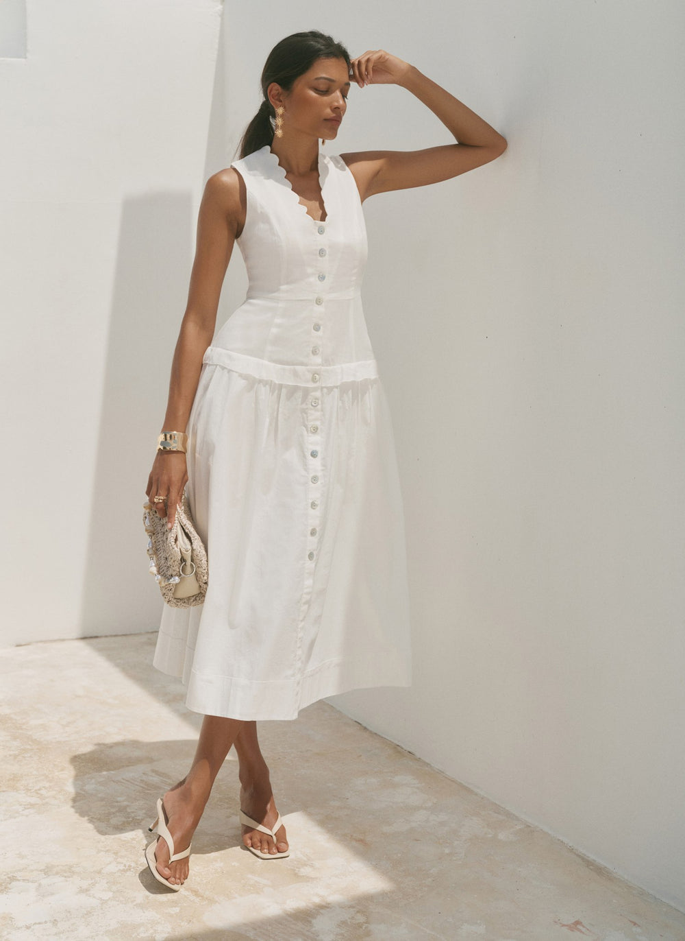 White Ramie Drop Waist Midi Dress Mint Velvet White Ramie Drop Waist Midi Dress Mint Velvet