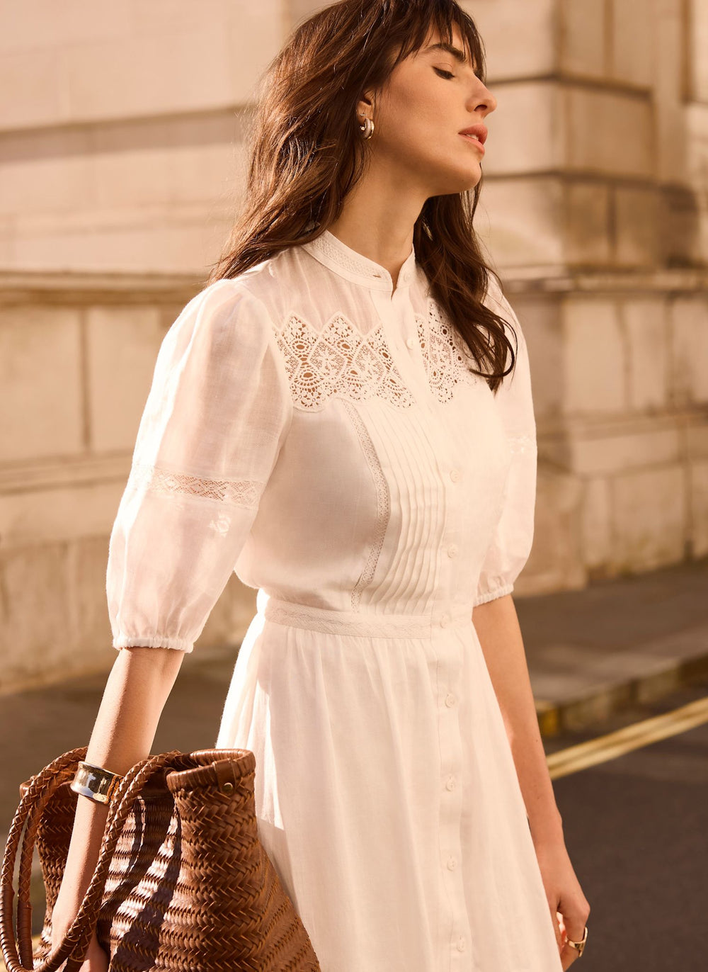 White Lace Detail Ramie Midi Dress  Mint Velvet