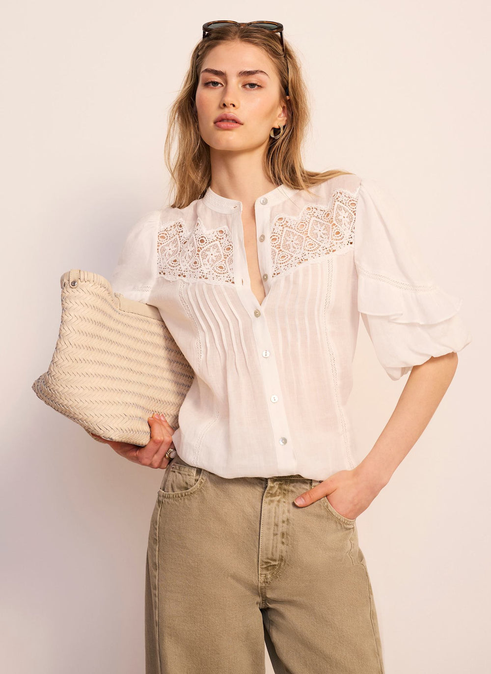 White Ramie Lace Detail Blouse
