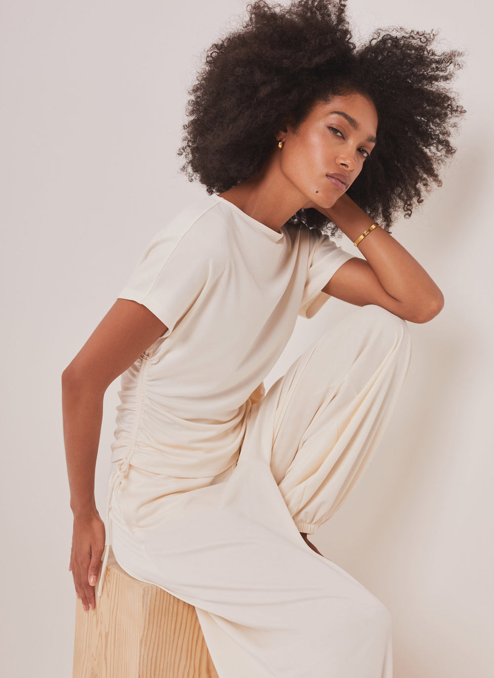 White Jersey Ruched Tie Detail Top