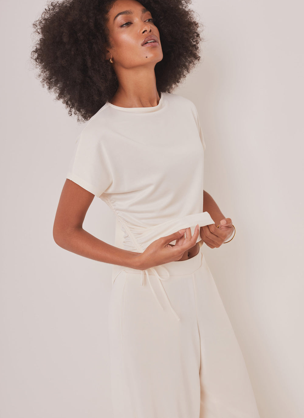 White Jersey Ruched Tie Detail Top