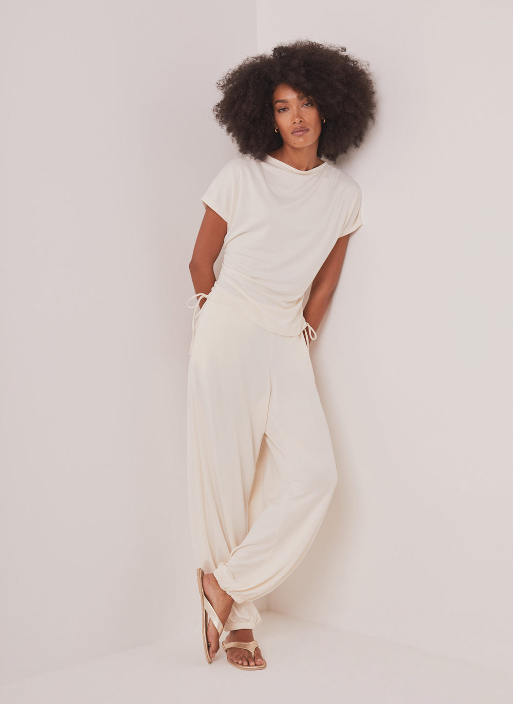 White Jersey Ruched Tie Detail Top