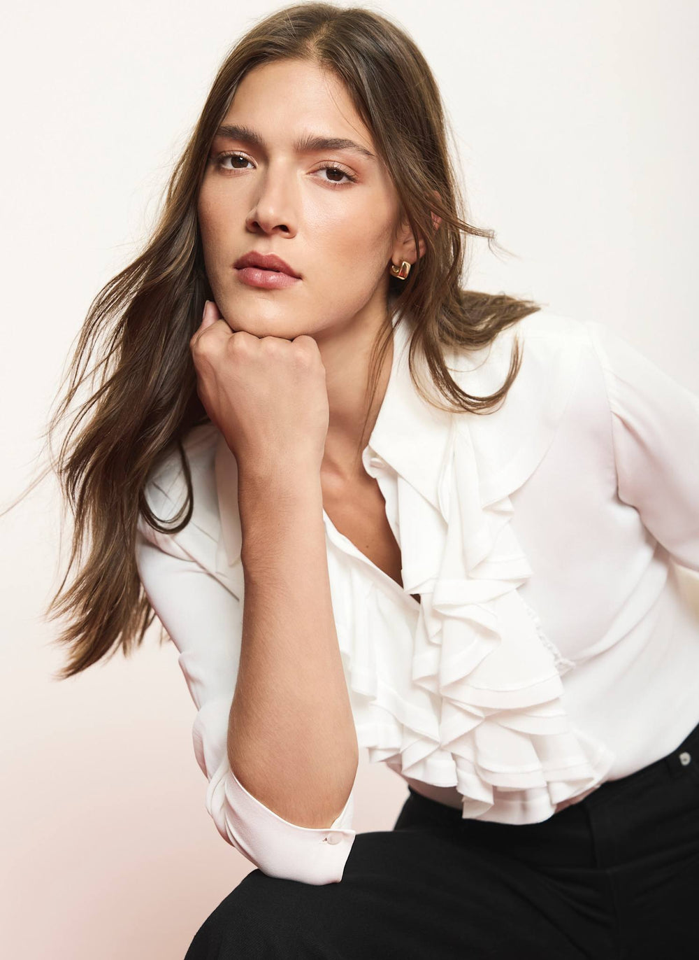 Cream Ruffle Front Blouse