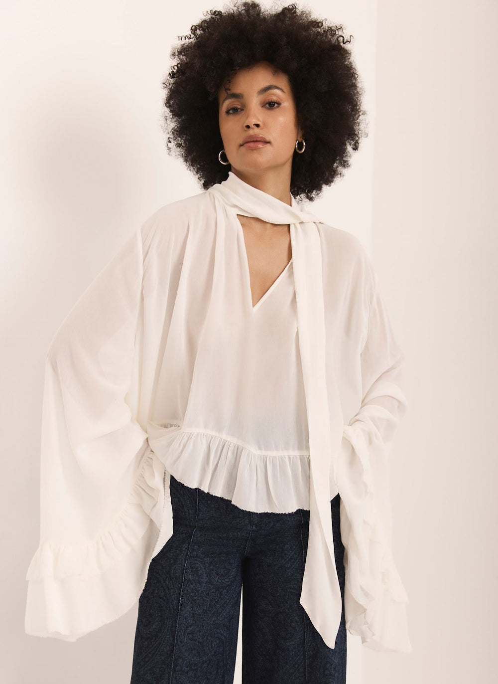 Cream Ruffle Tie Detail Blouse