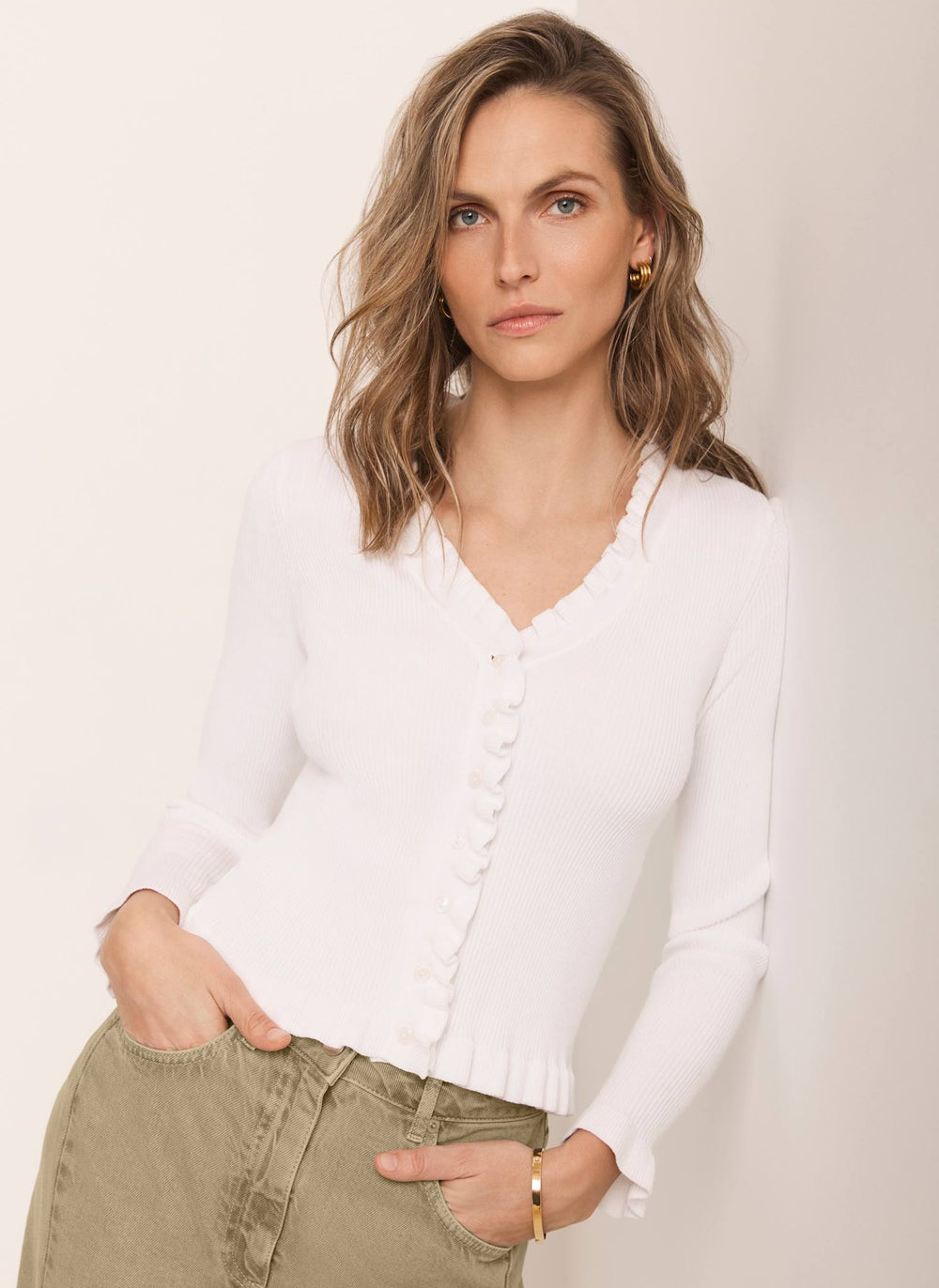 White Ruffle Detail Cardigan