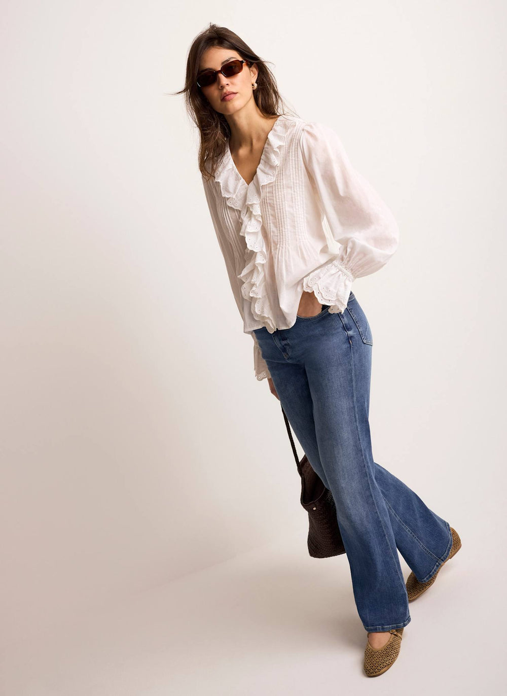 White Cotton Ruffle Trim Blouse