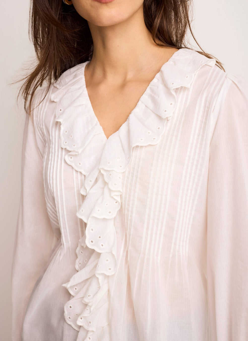 White Cotton Ruffle Trim Blouse