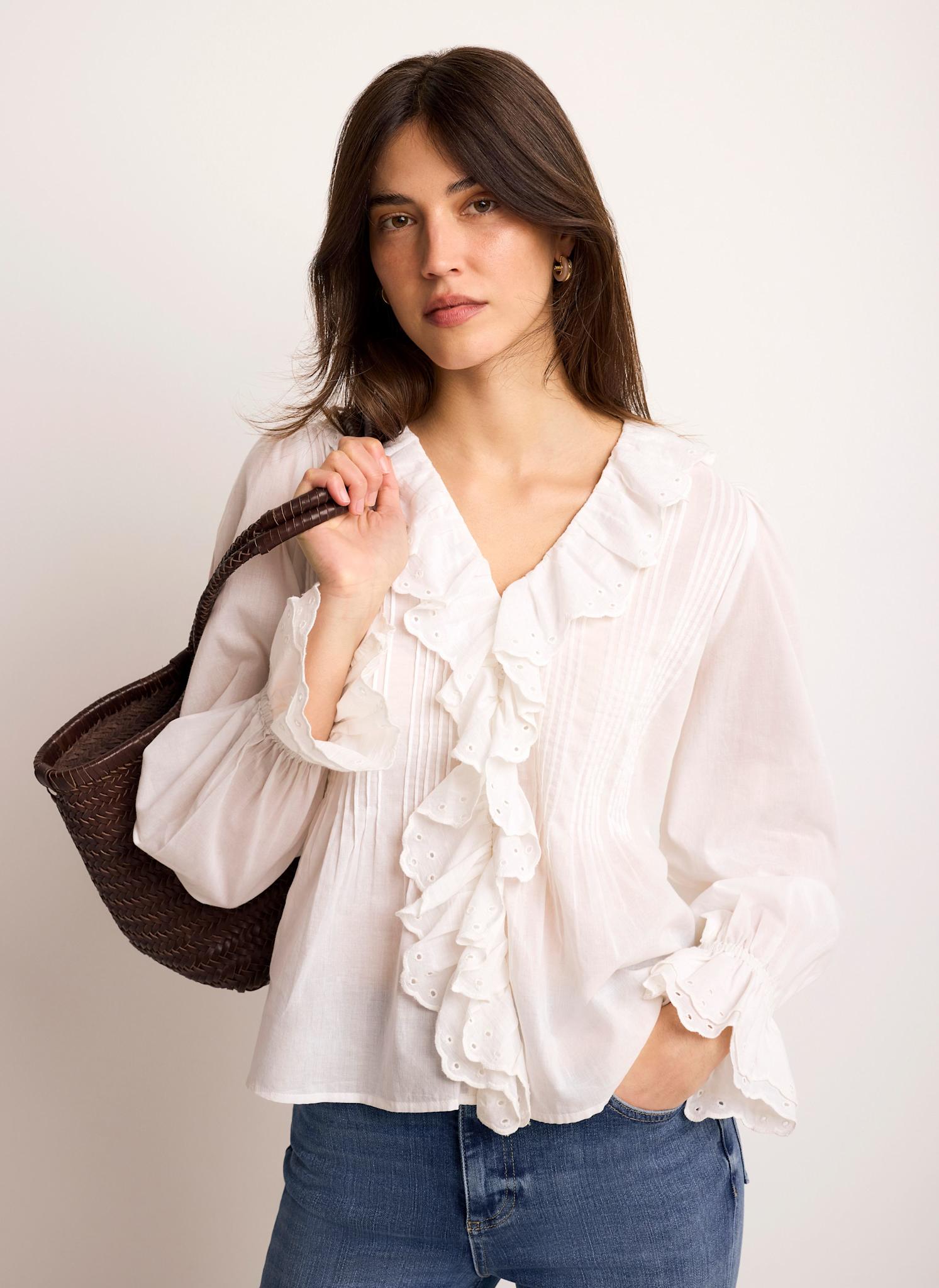 White Cotton Ruffle Trim Blouse – Mint Velvet