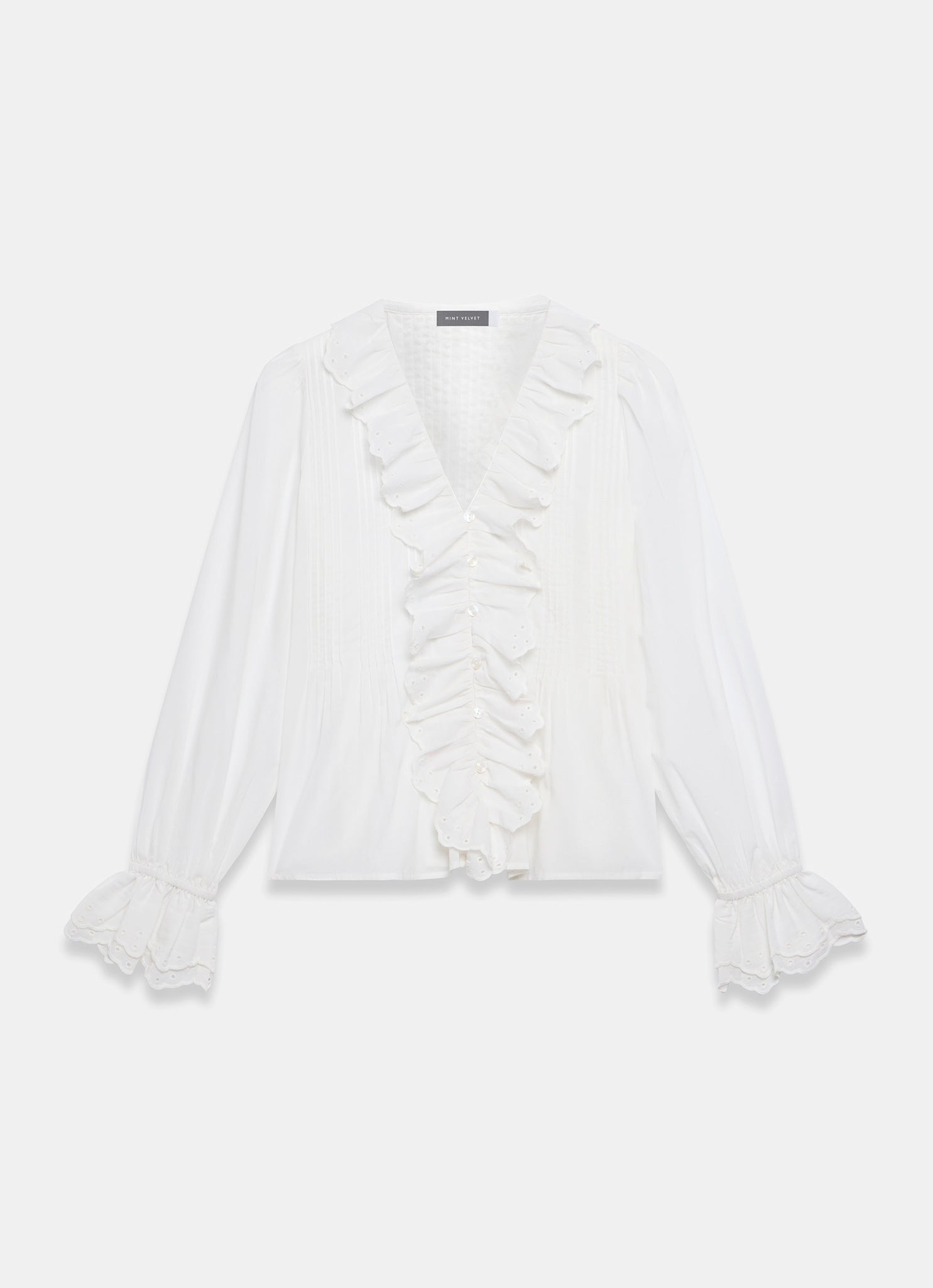 White Cotton Ruffle Trim Blouse – Mint Velvet