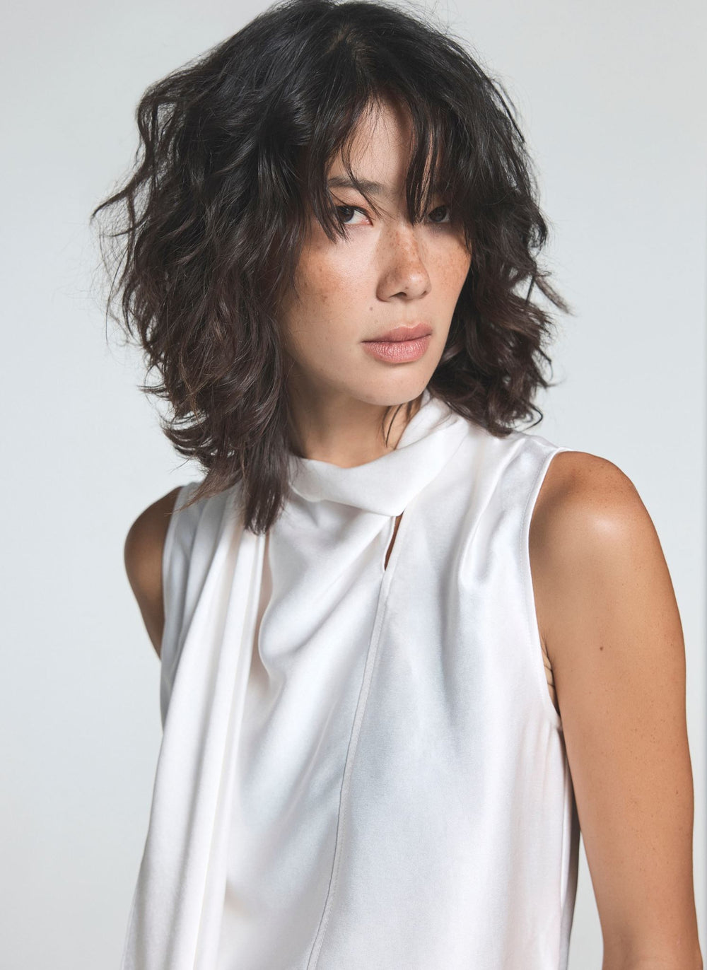 White Satin Scarf Detail Top