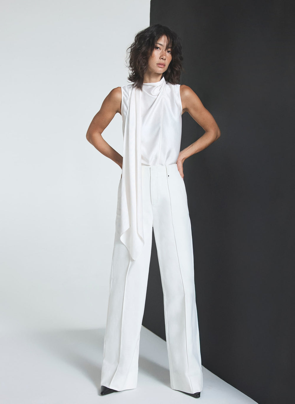 White Satin Scarf Detail Top