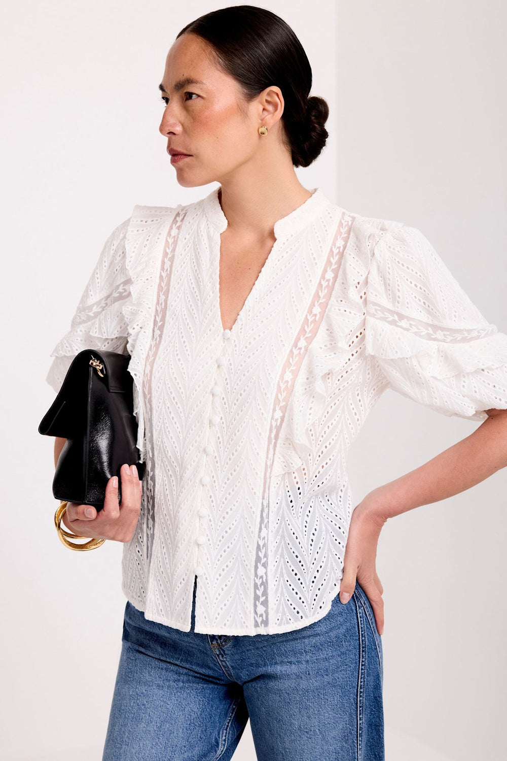 White Ruffle Puff Sleeve Blouse