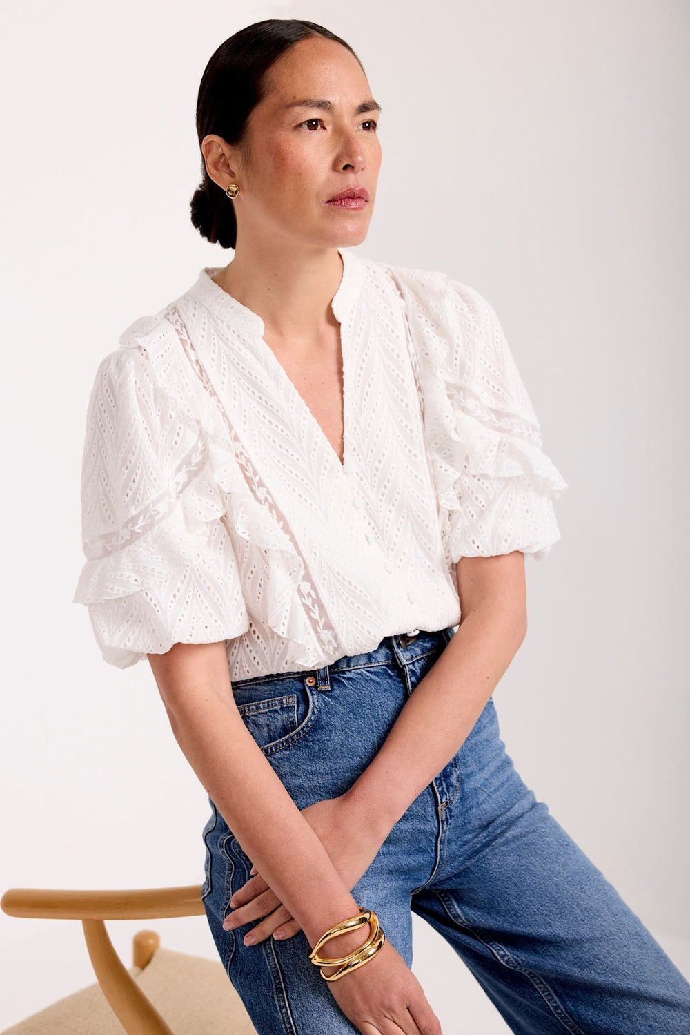 White Ruffle Puff Sleeve Blouse