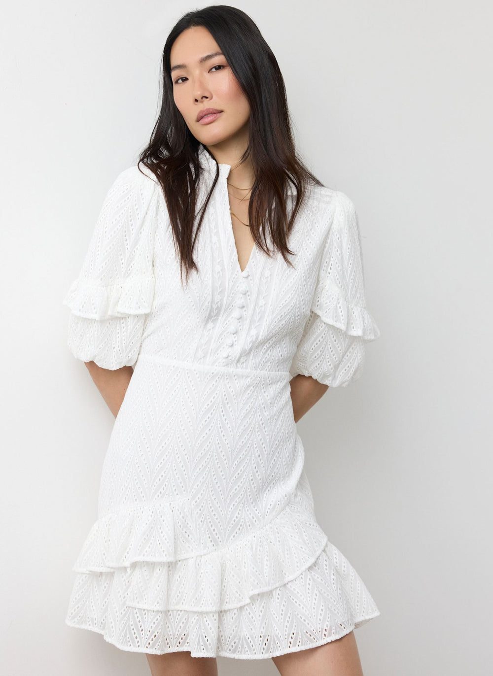 White Broderie Ruffle Detail Mini Dress