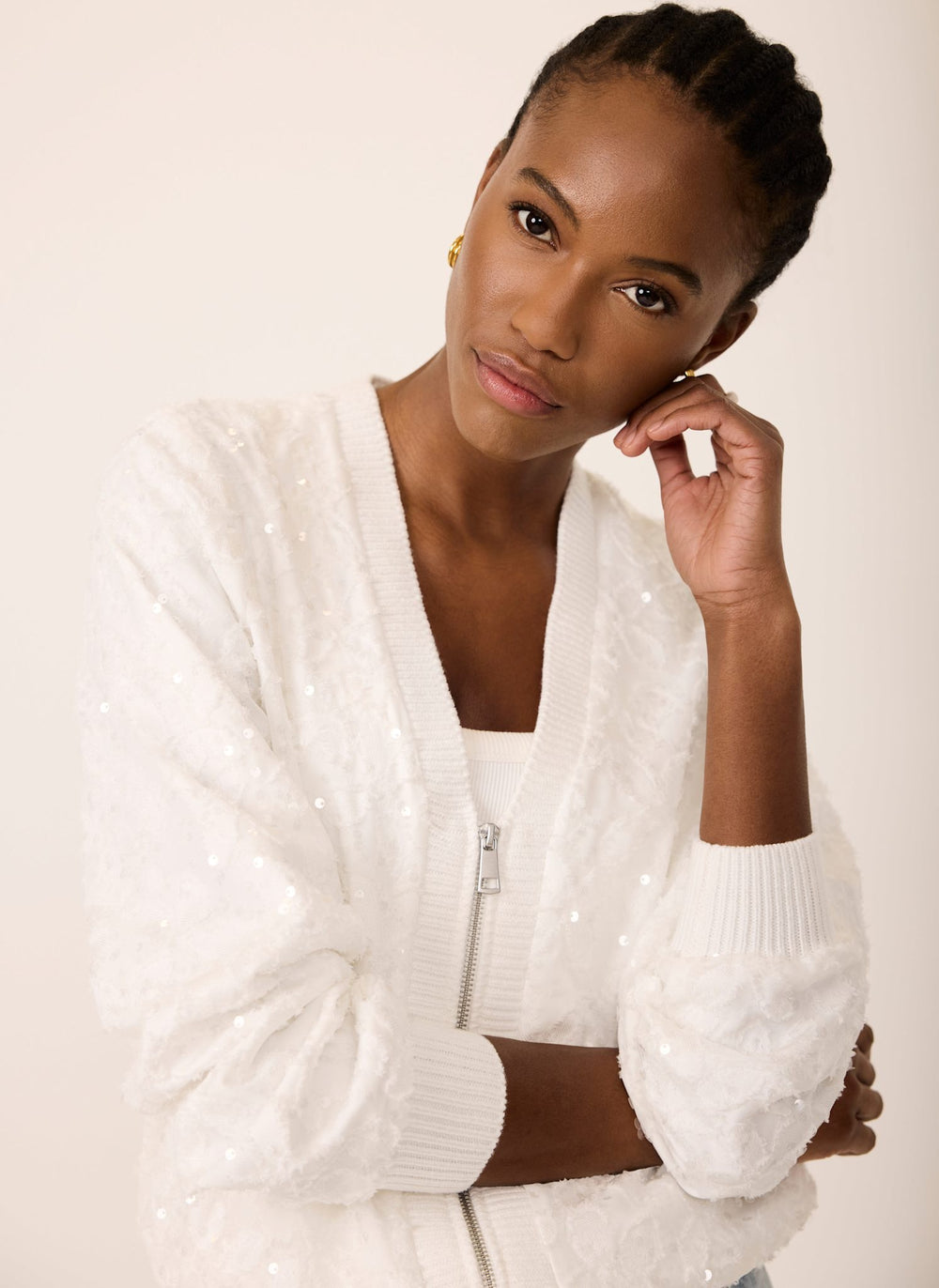 White Sequin Bomber Jacket