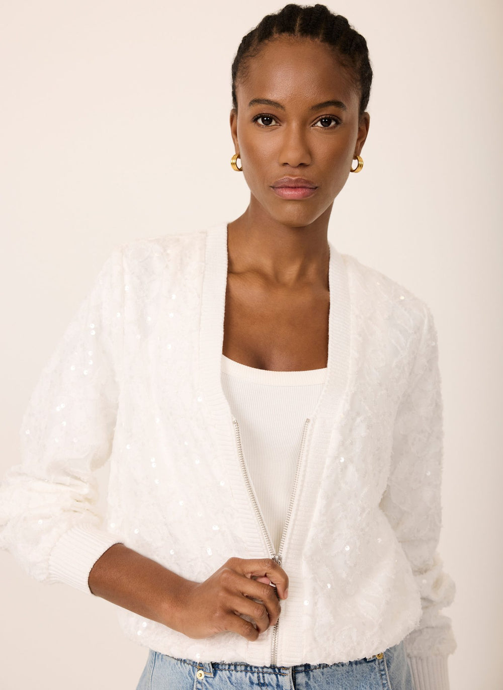 White Sequin Bomber Jacket
