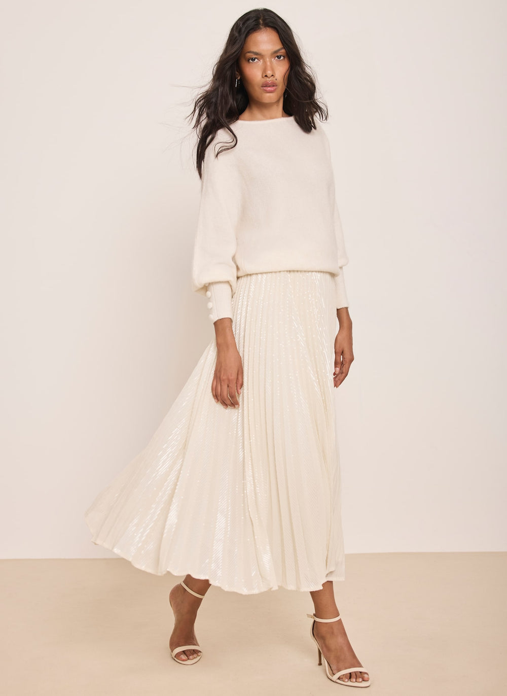 Cream Sequin Pleated Midi Skirt