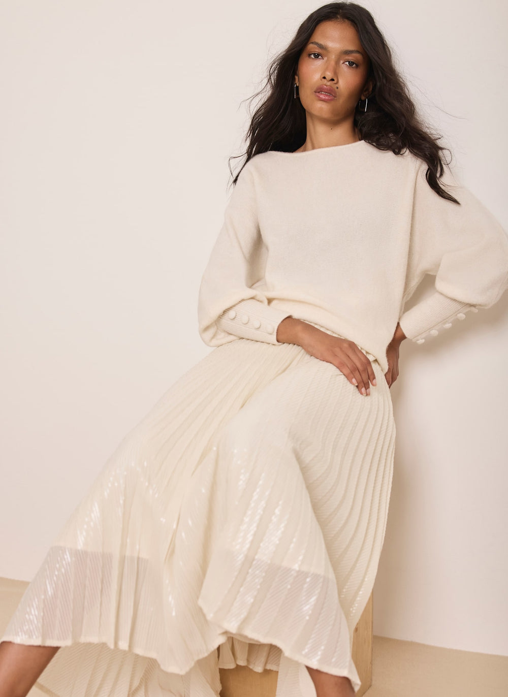Cream Sequin Pleated Midi Skirt