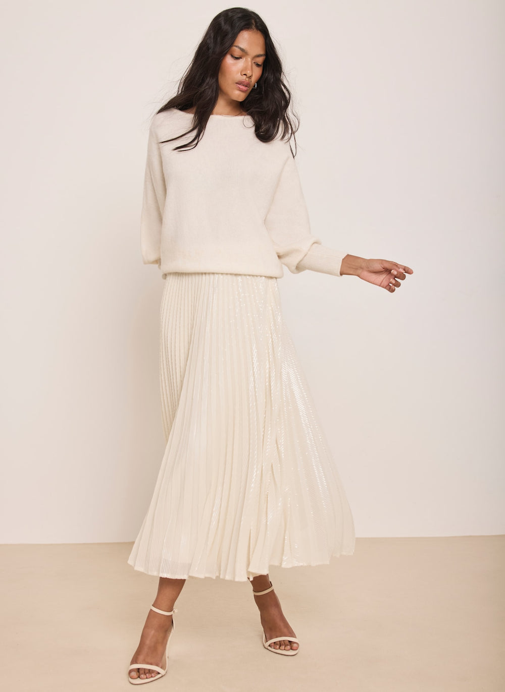 Cream Sequin Pleated Midi Skirt