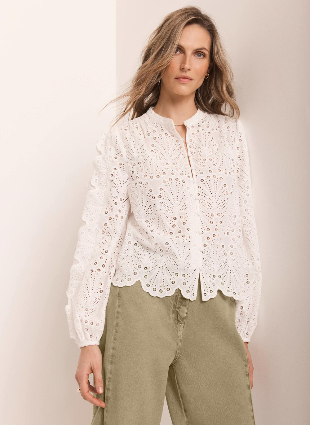 White Cotton Broderie Detail Blouse